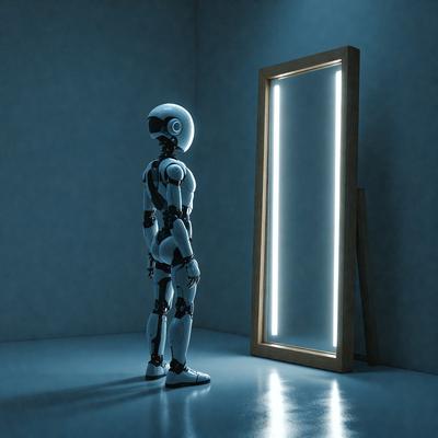 The primary subject of the image is a robot, which is standing in front of a mirror. The robot appears to be a futuristic, humanoid-like figure, and it is positioned in a way that it seems to be looking at its reflection in the mirror. The setting is a room with a blue background, which adds to the overall atmosphere of the image. The visual style of the image is a combination of photo and digital art, creating a unique and intriguing scene.
